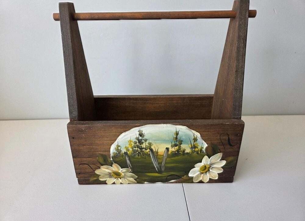 Vintage Hand-Painted Wooden Caddy with Floral and Landscape Motif